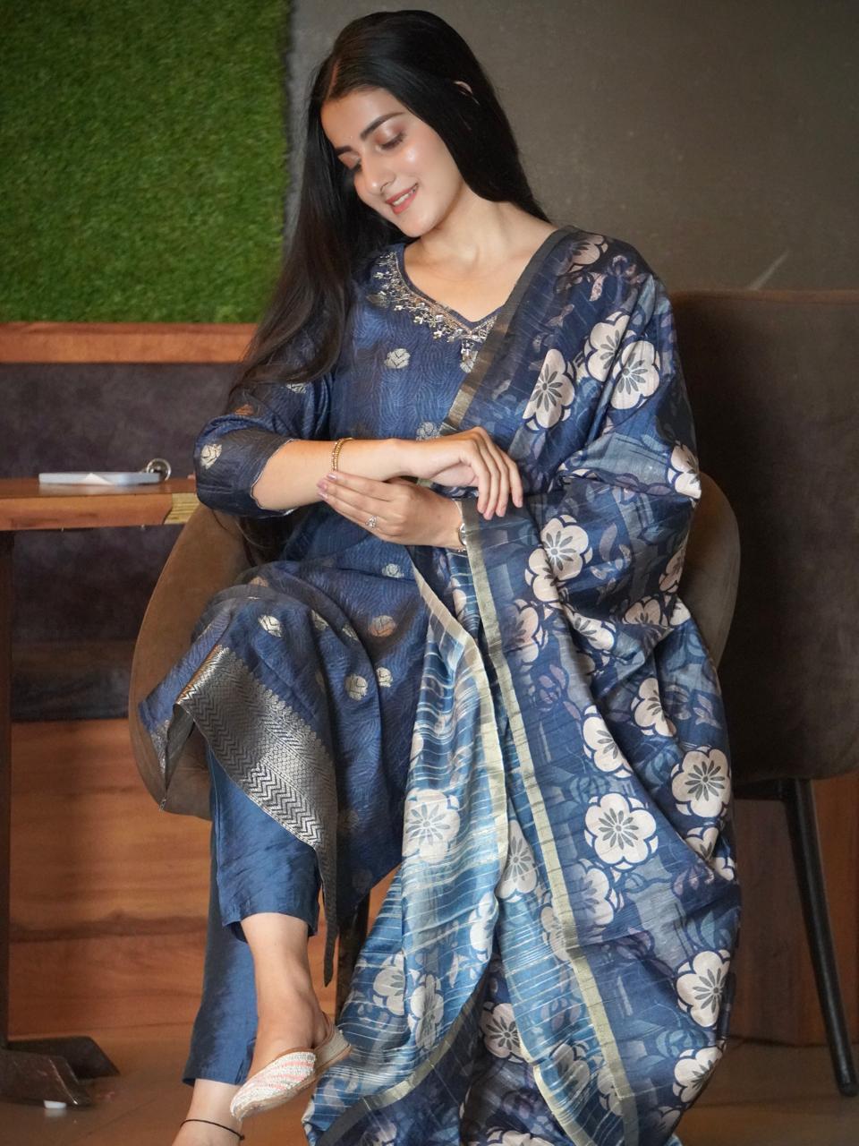 Royal blue floral cotton short kurti