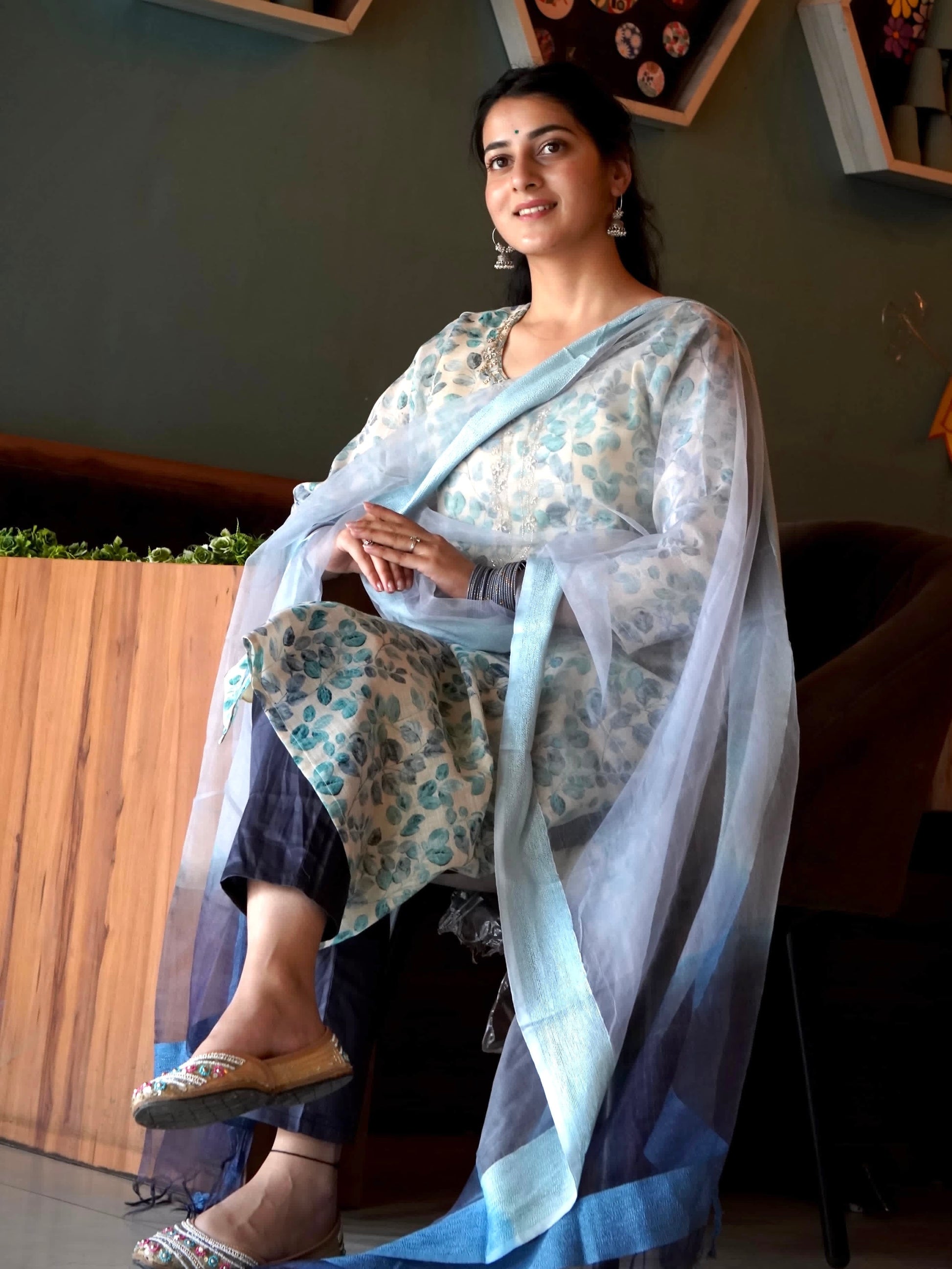 Sparkling Teal Blue Ombre Organza Ready to Wear Silk Kurti Set Geetha Creation
