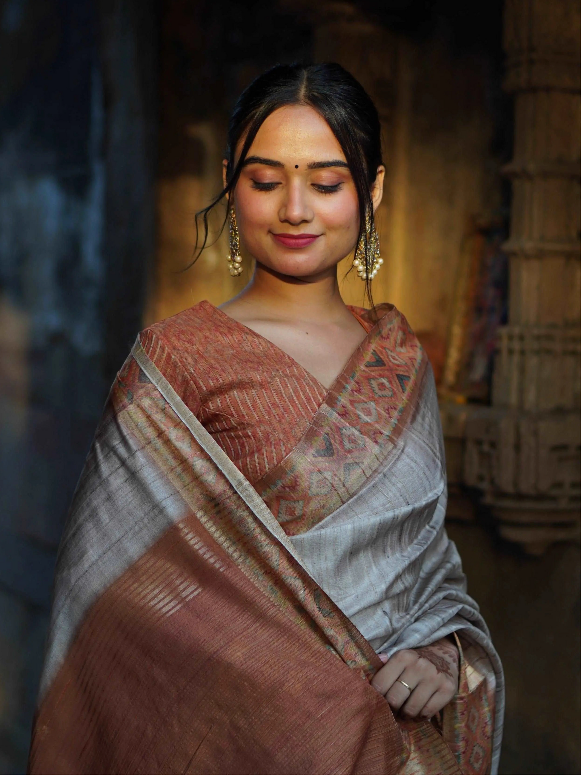 Chikoo Orange With Stylish Border Chapa Handloom Tussar Saree C1 Geetha Creation