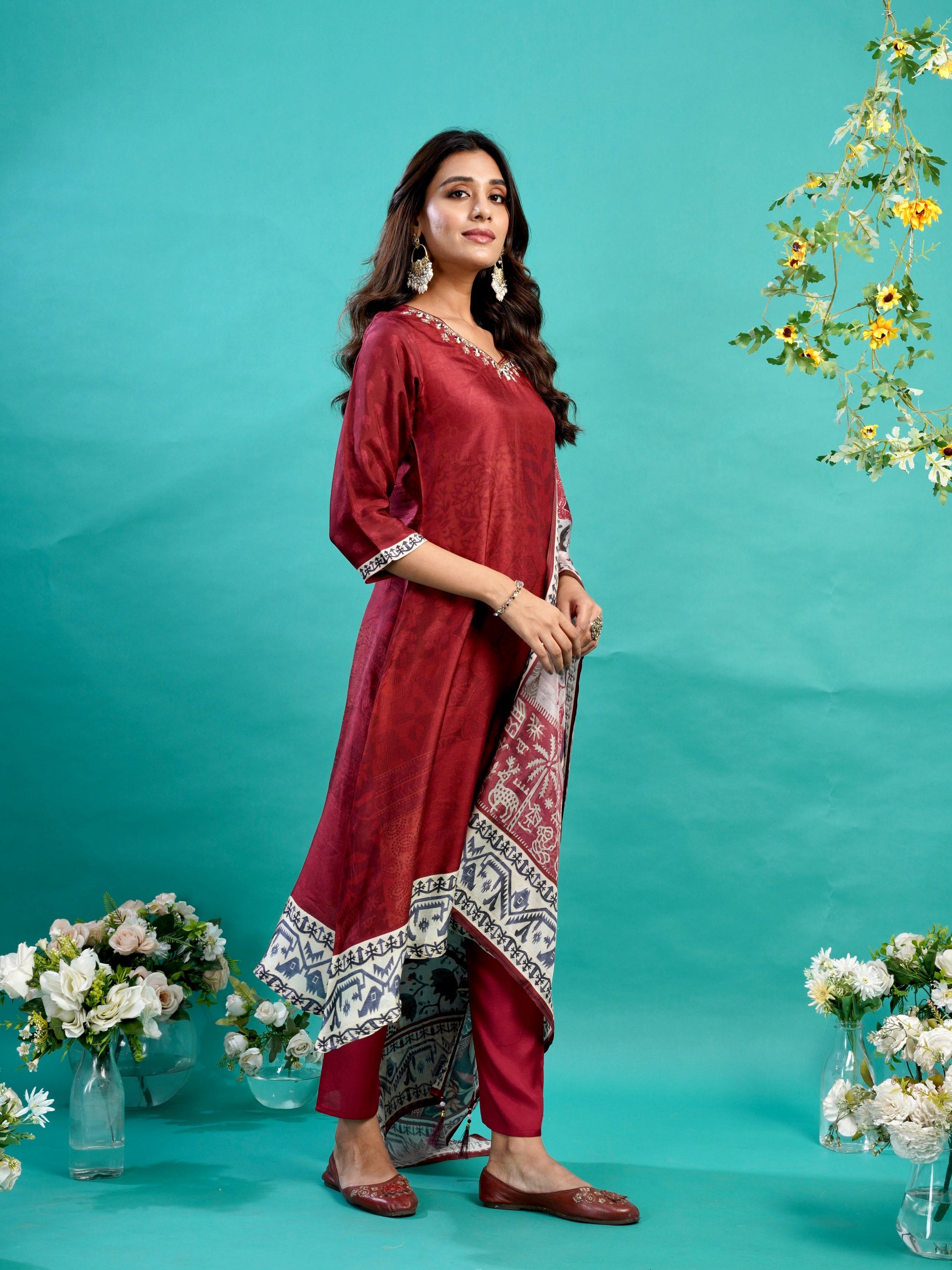 Cherry Red Soft Tussar A-Line Ready to Wear Kurti Set Geetha Creation