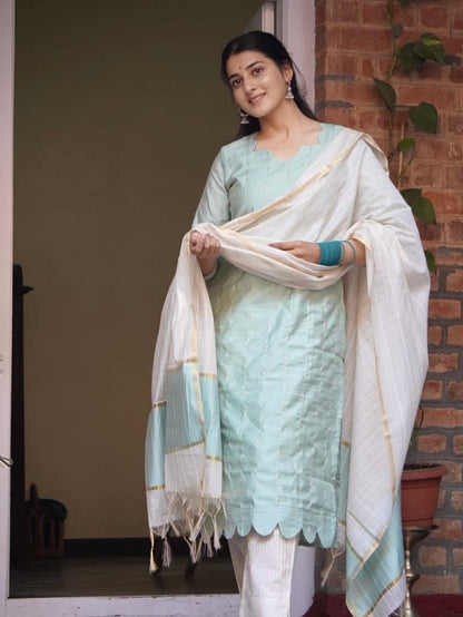 Tender Turquoise Cotton Silk Silhouette Ready to Wear Kurti Set