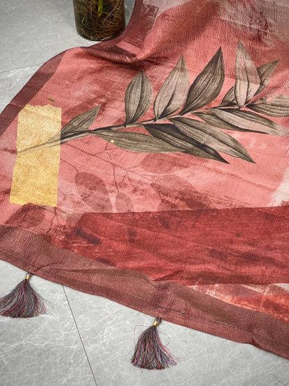 Rust Abstract Tussar Tissue Crushed Saree Geetha Creation