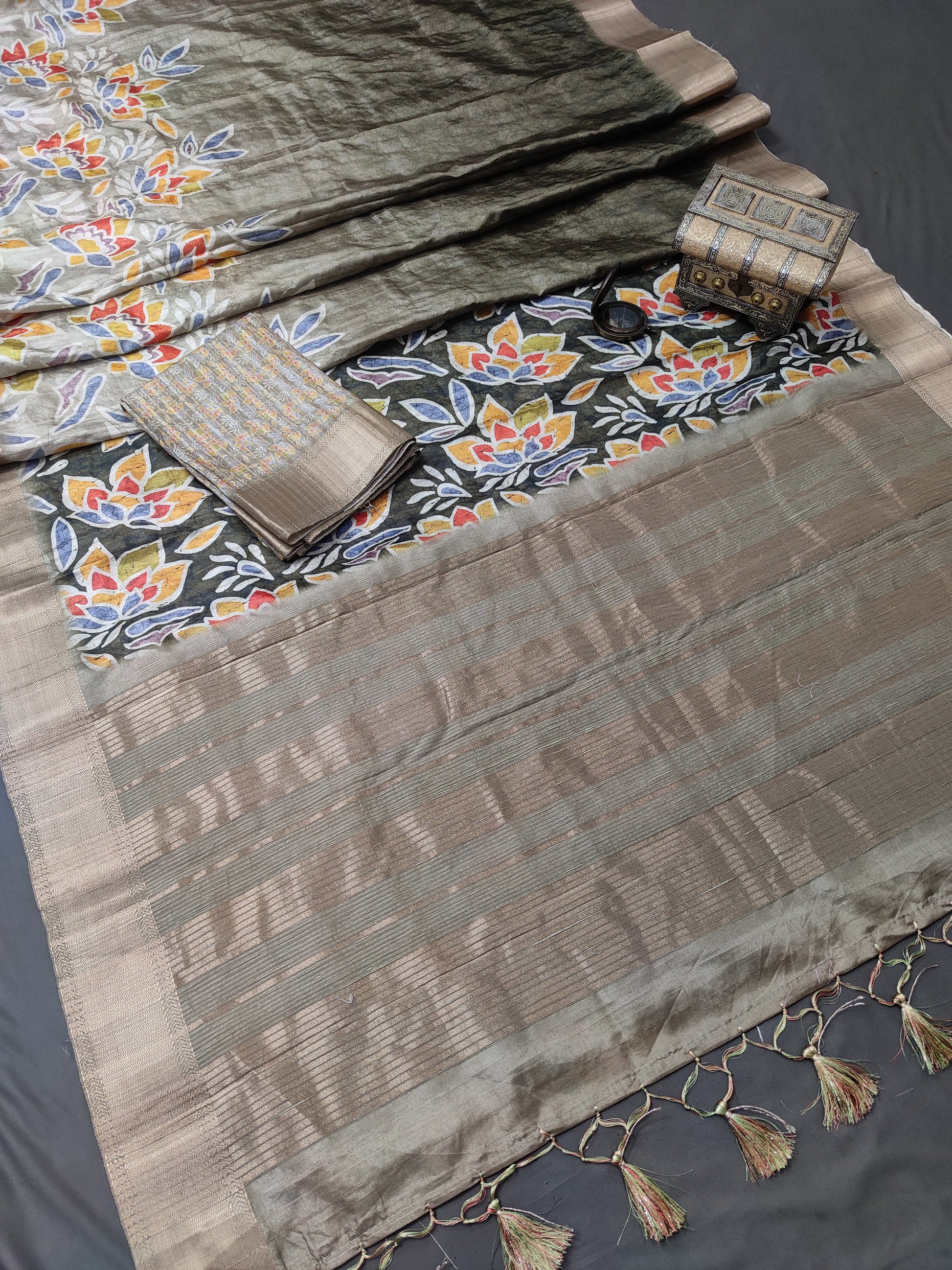 Mystic Lotus Nightfall Handloom Jacquard Border Tussar Saree JQ2 Geetha Creation