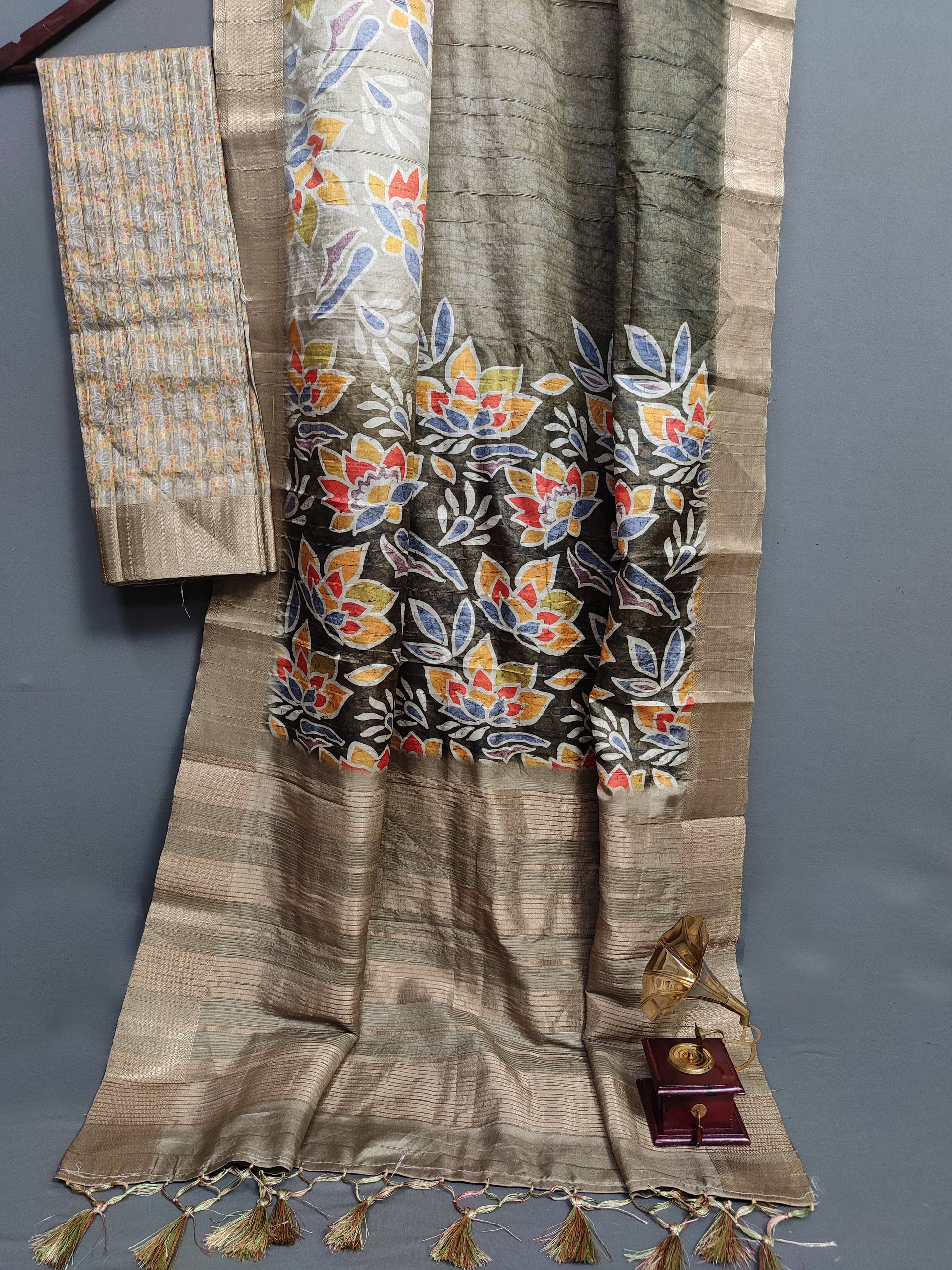 Mystic Lotus Nightfall Handloom Jacquard Border Tussar Saree JQ2 Geetha Creation