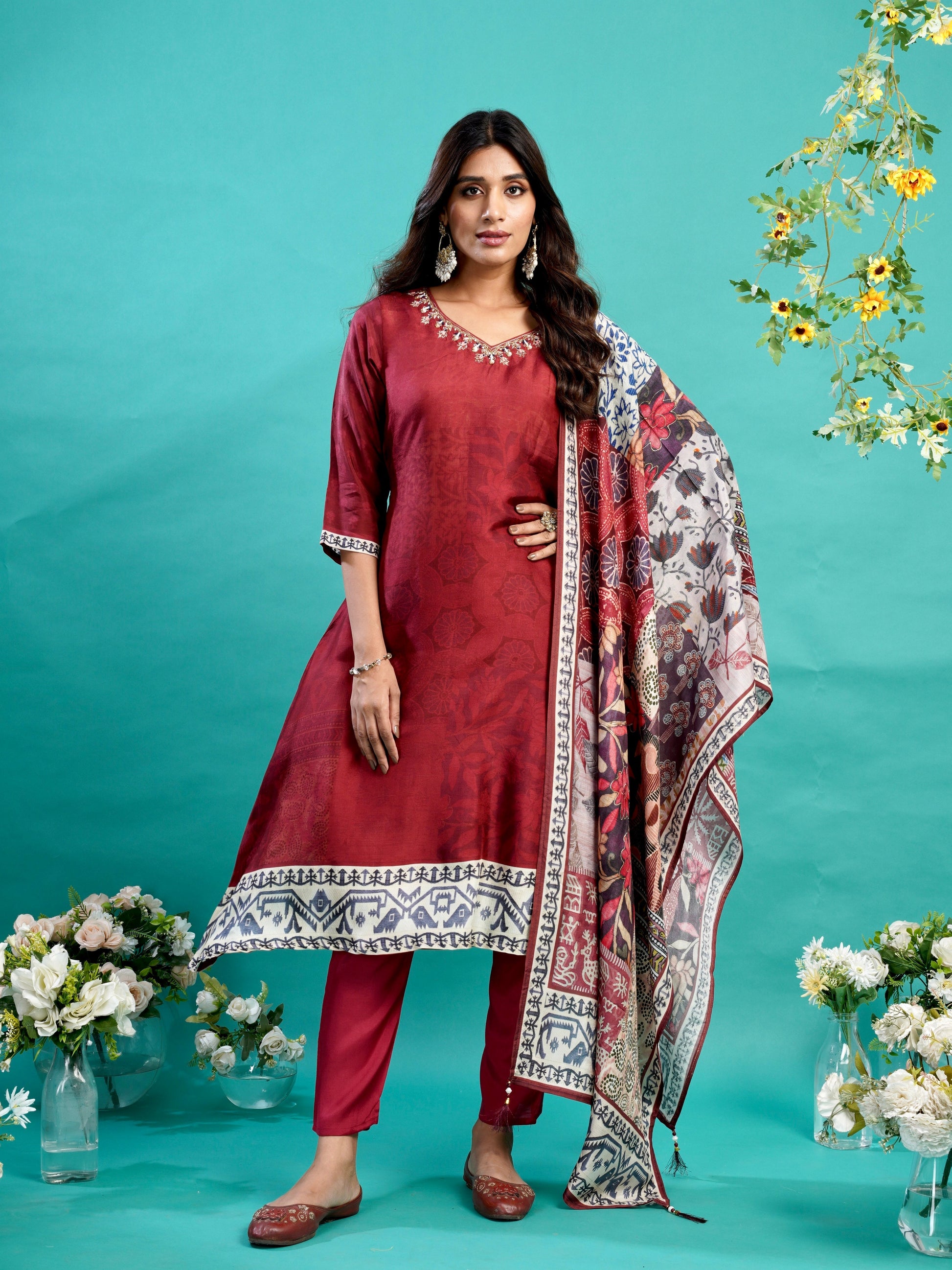 Cherry Red Soft Tussar A-Line Ready to Wear Kurti Set Geetha Creation