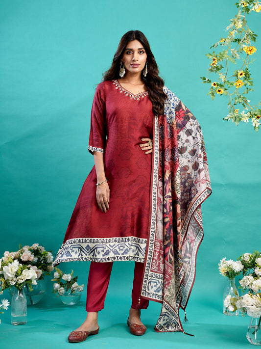 Cherry Red Soft Tussar A-Line Ready to Wear Kurti Set Geetha Creation