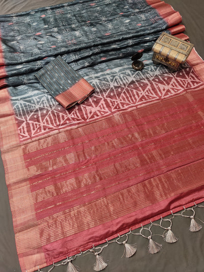 Red Edge Slate Elegance Handloom Jacquard Border Tussar Saree JQ2 Geetha Creation
