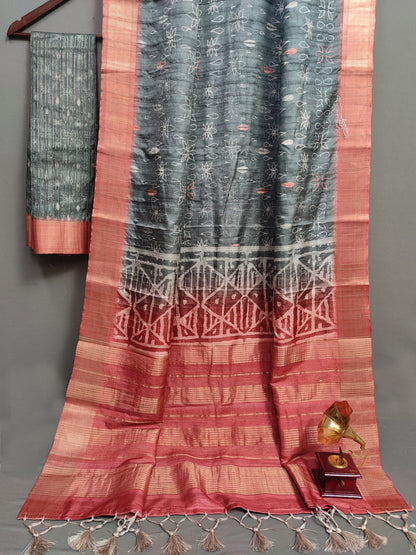 Red Edge Slate Elegance Handloom Jacquard Border Tussar Saree JQ2 Geetha Creation