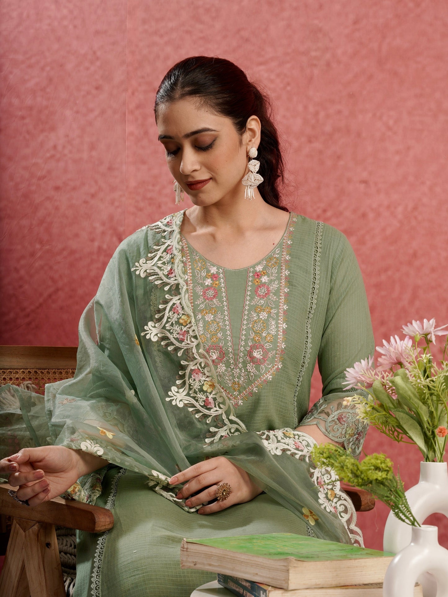 Ethnic Green Pure Cotton Kota Doria Dress Geetha Creation