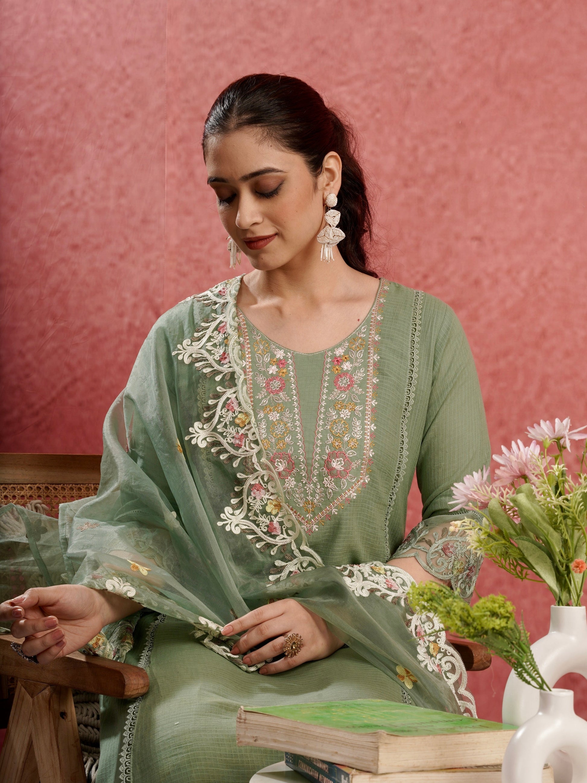 Ethnic Green Pure Cotton Kota Doria Dress Geetha Creation