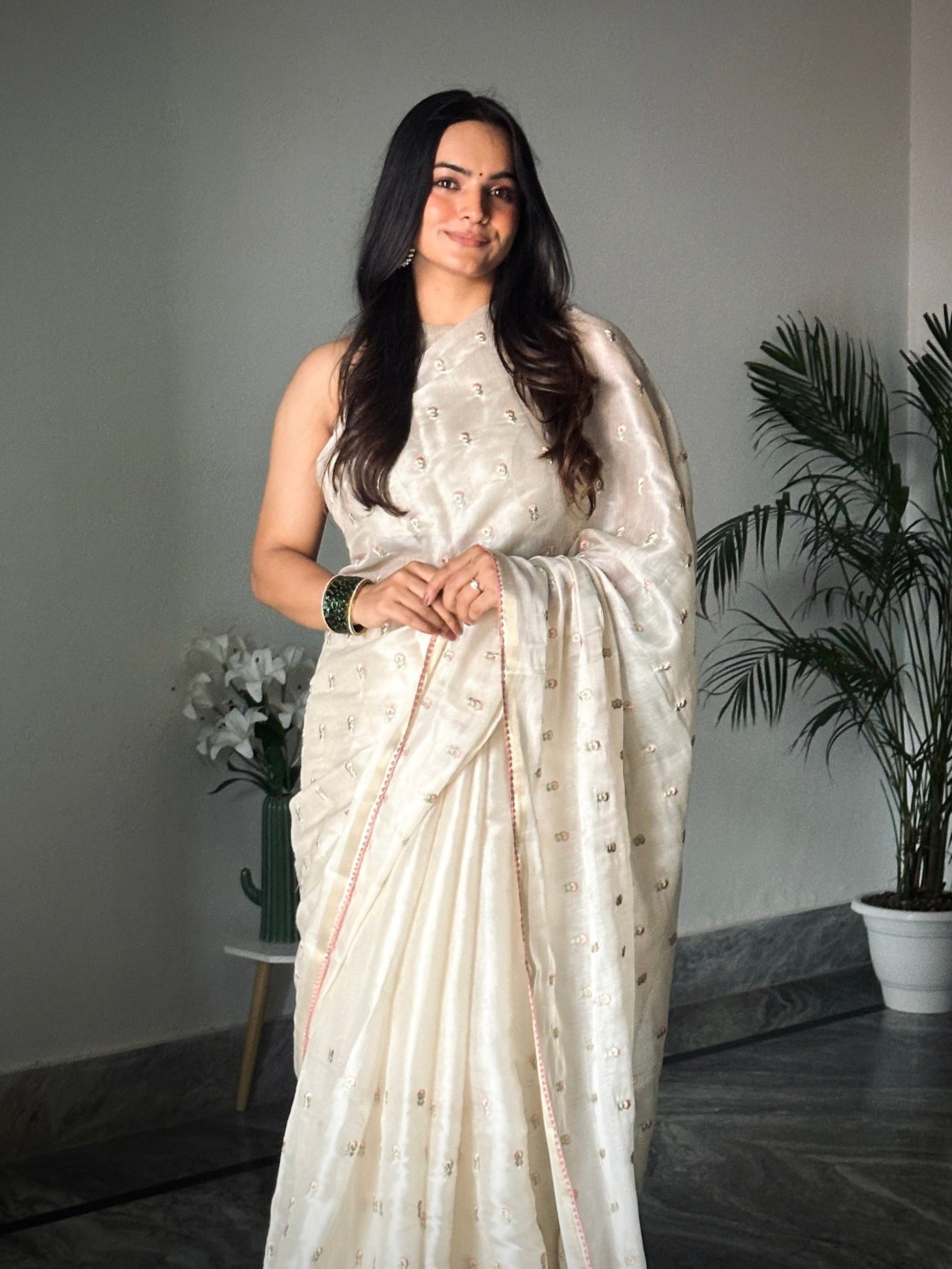 Creamy Soft Satin Saree with Embroidered Butti CSE Geetha Creation