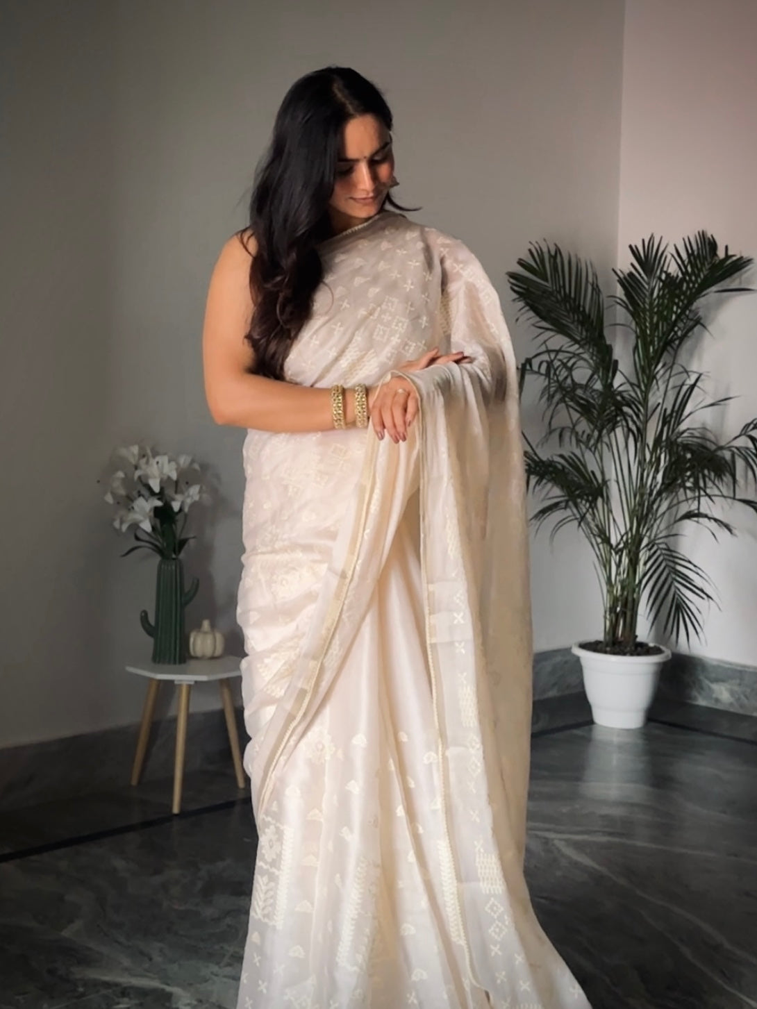Vanilla Soft Satin Saree with Fusion Embroidery CSE Geetha Creation
