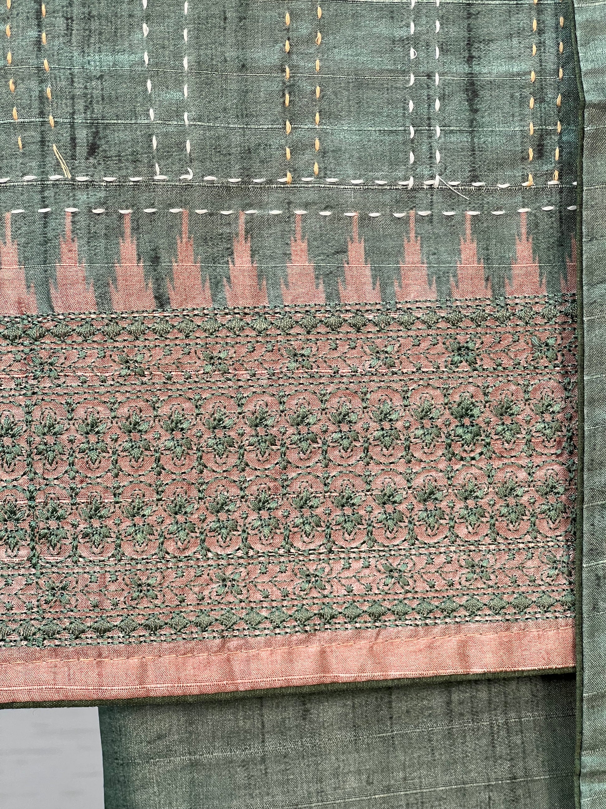 Gorgeous Pink and Chikoo Embroidery with Kantha Unstitched Salwar Set Geetha Creation