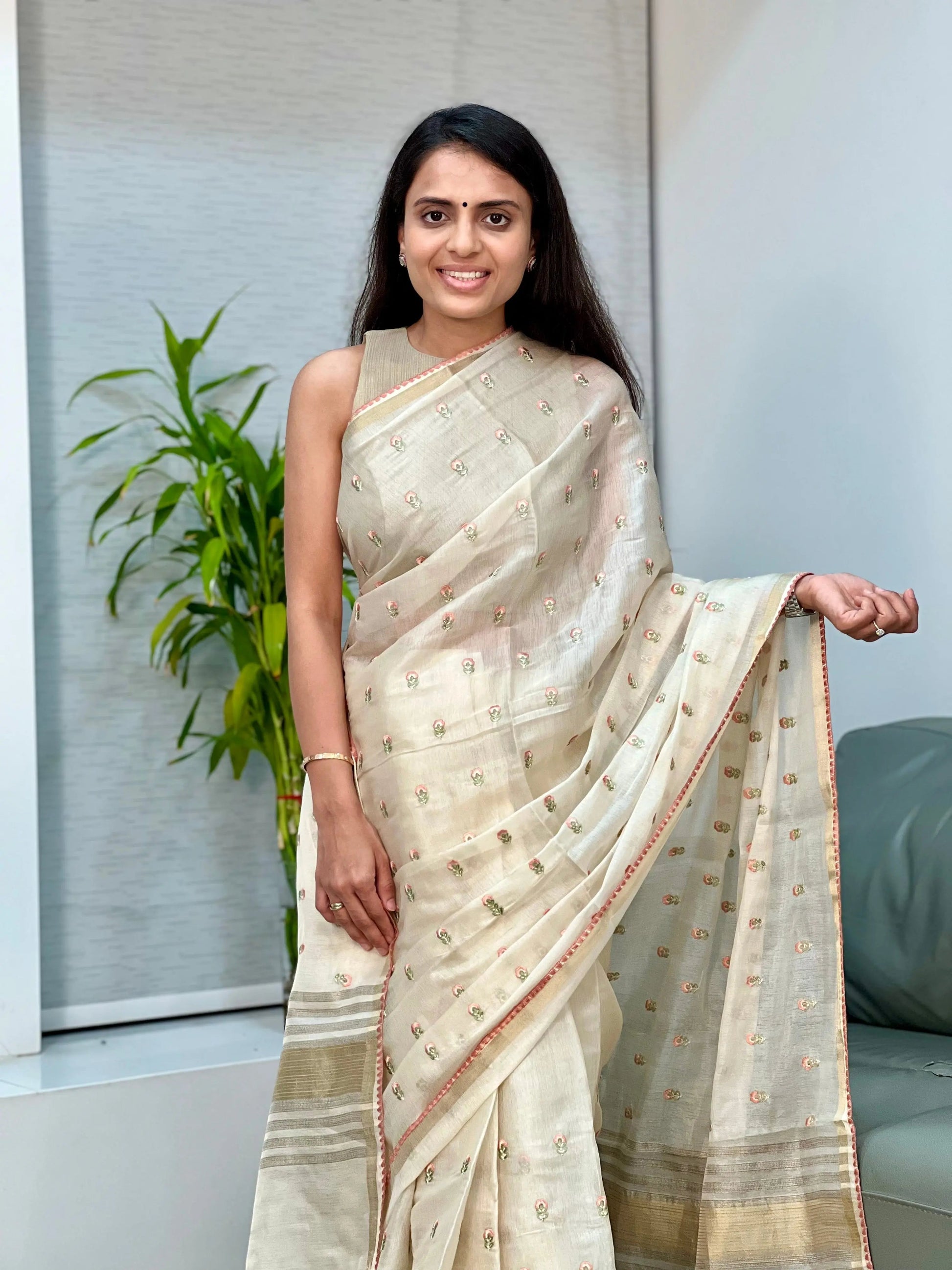 Creamy Soft Satin Saree with Embroidered Butti CSE Geetha Creation