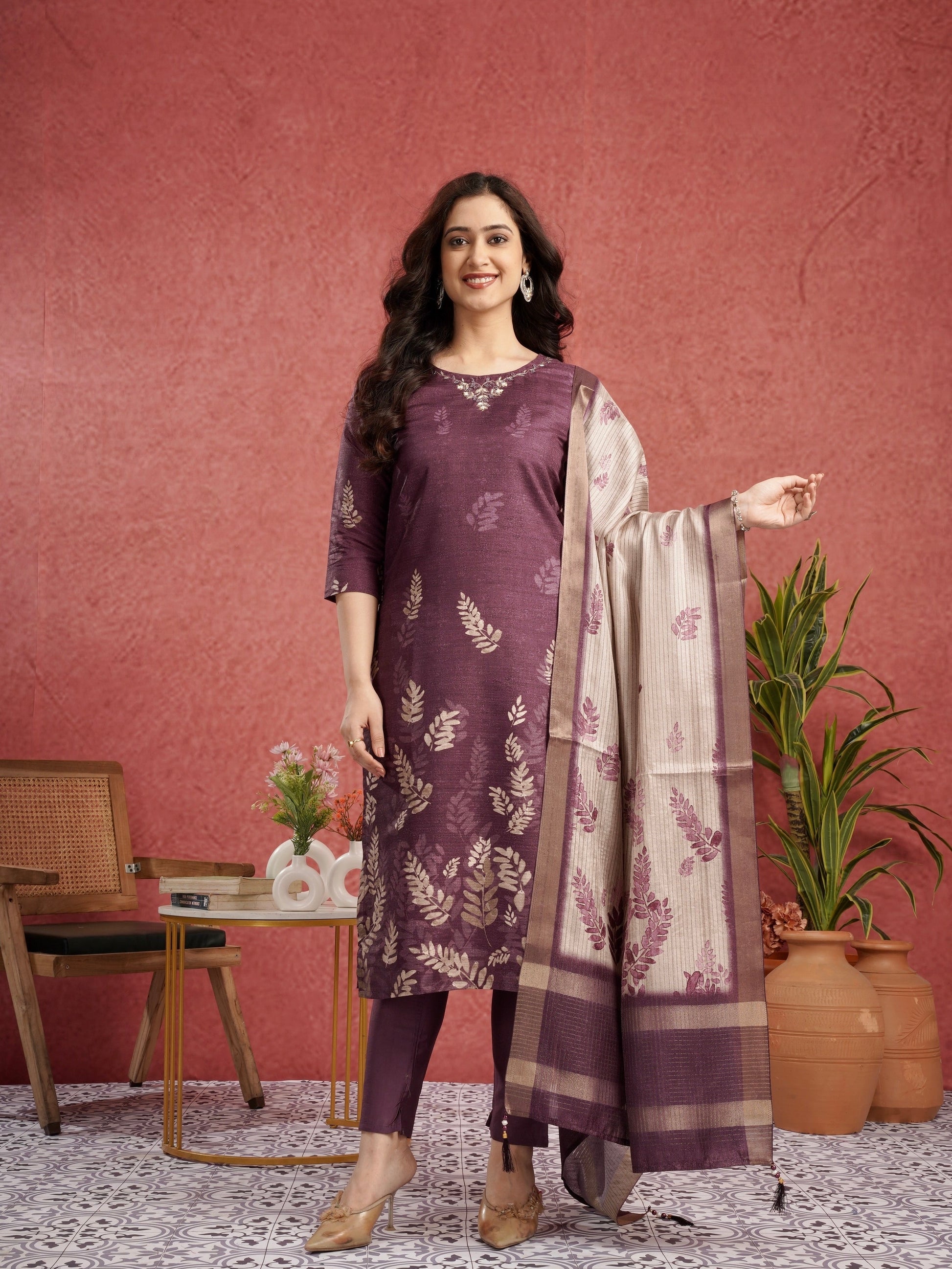 Luxurious Wine Floral Ready to Wear Silk Kurti Set Geetha Creation