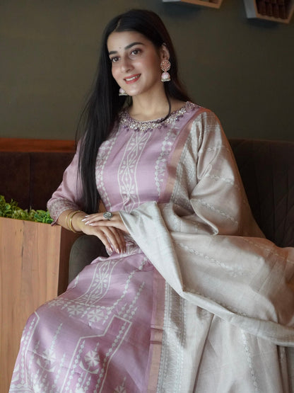Pretty Pink Soft Tussar A-Line Ready to Wear Kurti Set Geetha Creation