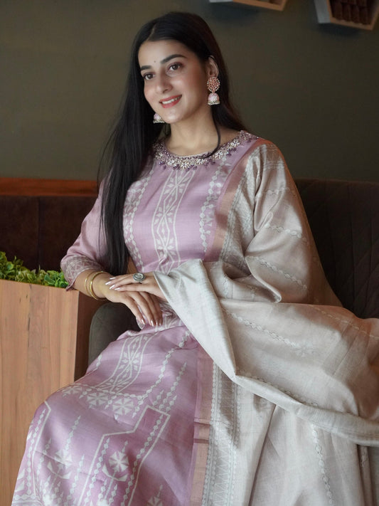 Pretty Pink Soft Tussar A-Line Ready to Wear Kurti Set Geetha Creation