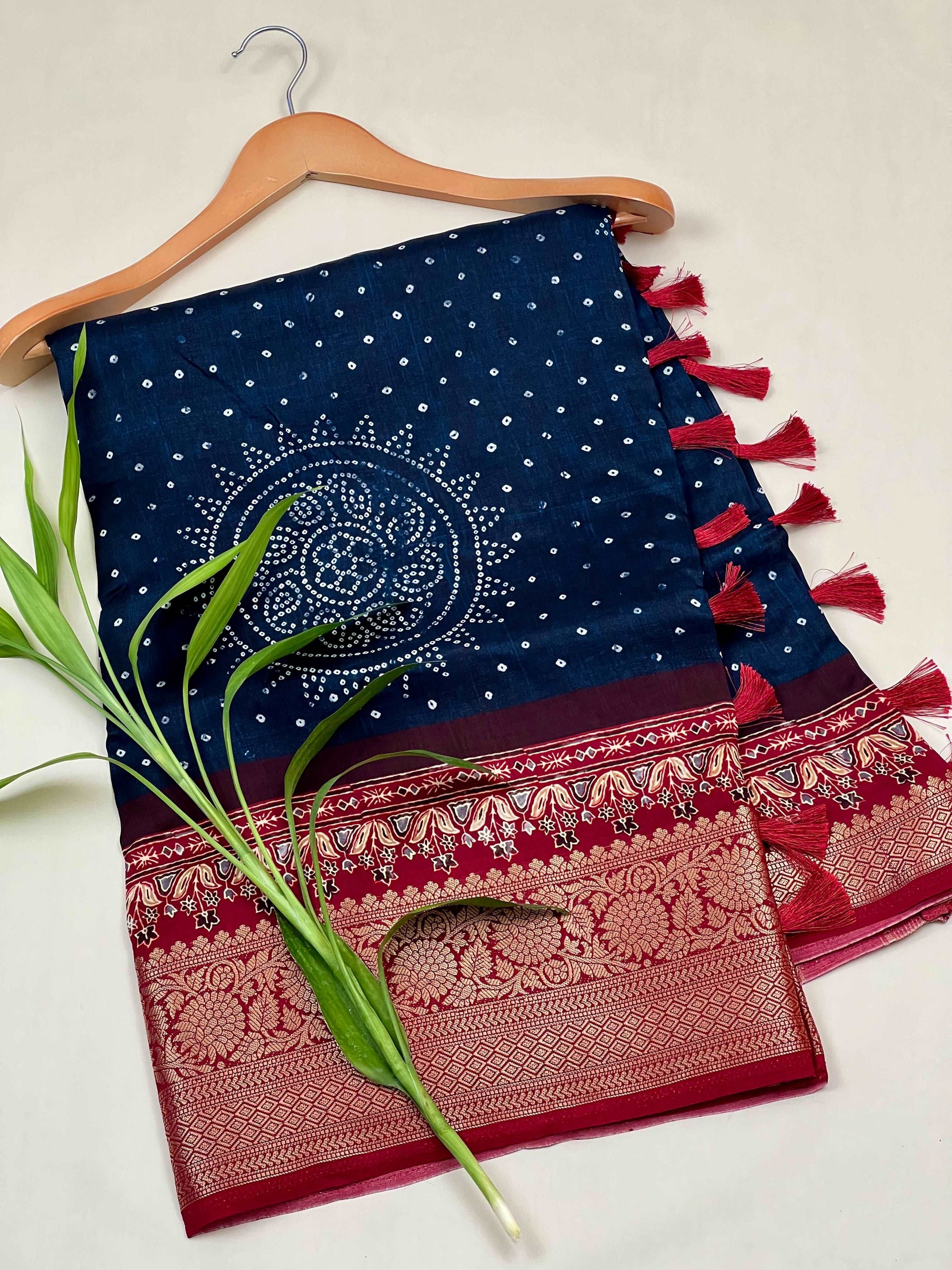 Blue Bandhani Buttery Soft Silk with Contrast Red Jacquard Border Saree Geetha Creation