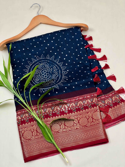 Blue Bandhani Buttery Soft Silk with Contrast Red Jacquard Border Saree Geetha Creation