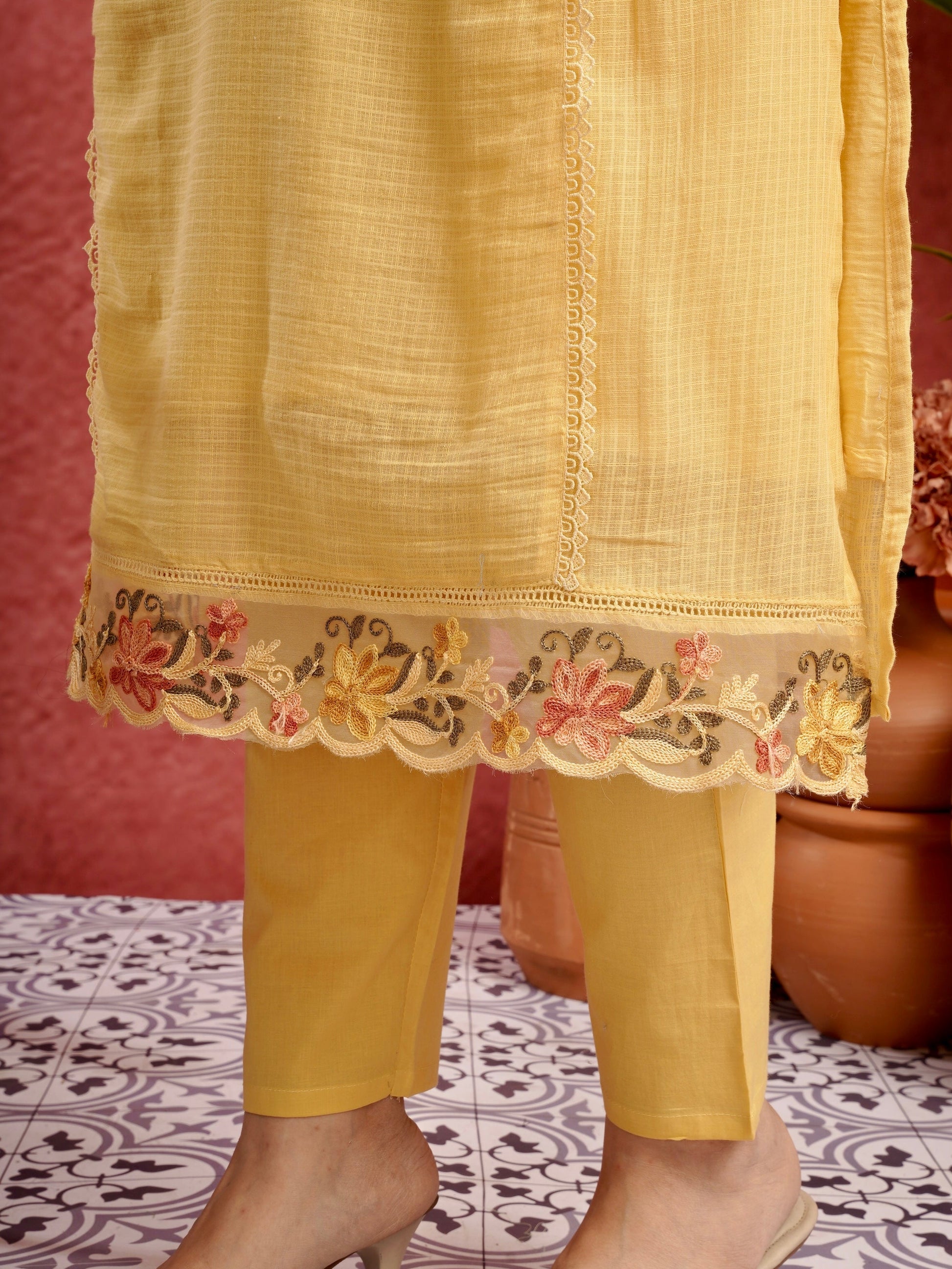 Ethnic Yellow Pure Cotton Kota Doria Dress Geetha Creation
