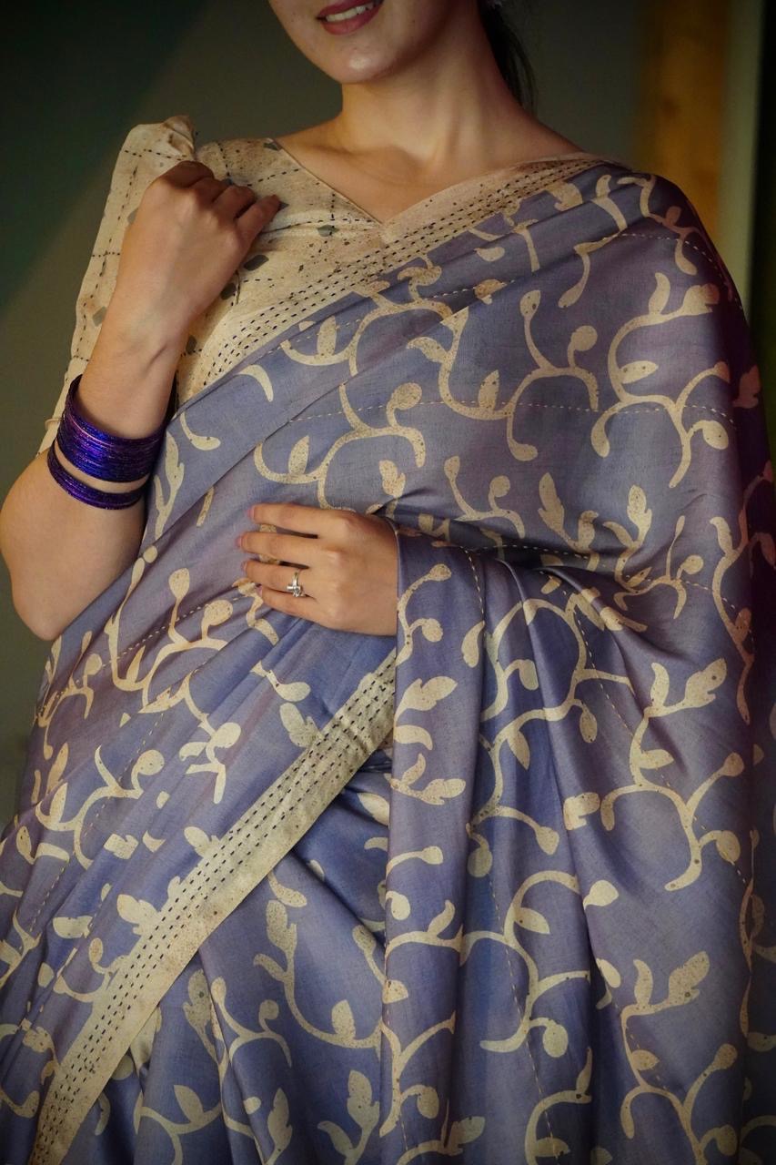 Royal Violet Block Print Kantha Stitch Tussar Saree Geetha Creation