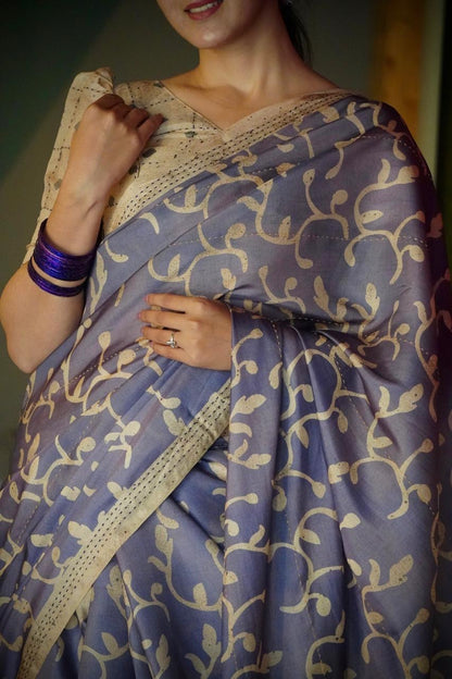 Royal Violet Block Print Kantha Stitch Tussar Saree Geetha Creation