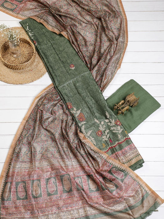 Pure Hazel Green Chanderi Ghicha Hand Kantha Unstitched Suit Set
