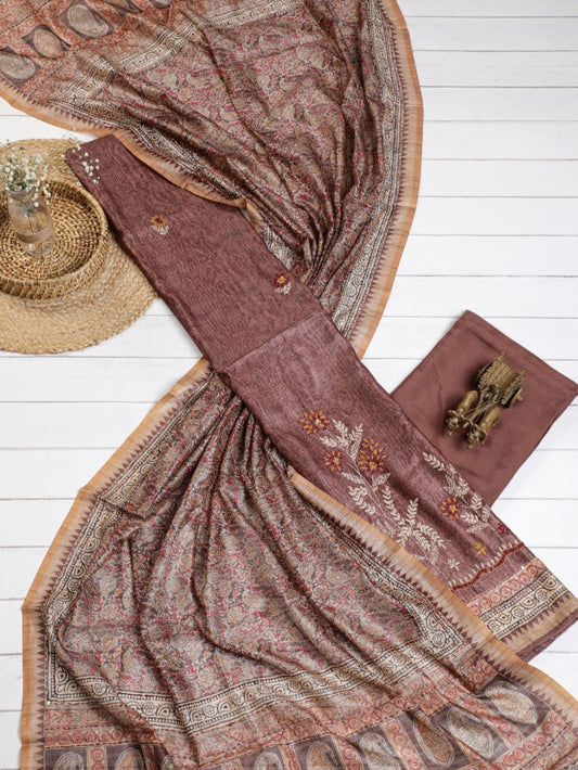 Pure Copper Rose Hand Kantha in Chanderi Ghicha Unstitched Suit set