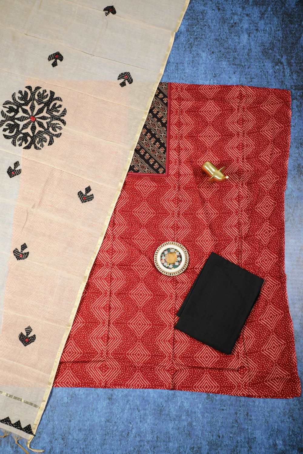 Bandhani Indian Red Applique Cotton Unstitched Suit Set.