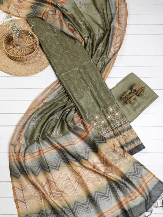 Pure Dusky Rose  Hand Kantha in Chanderi Ghicha Unstitched Suit set