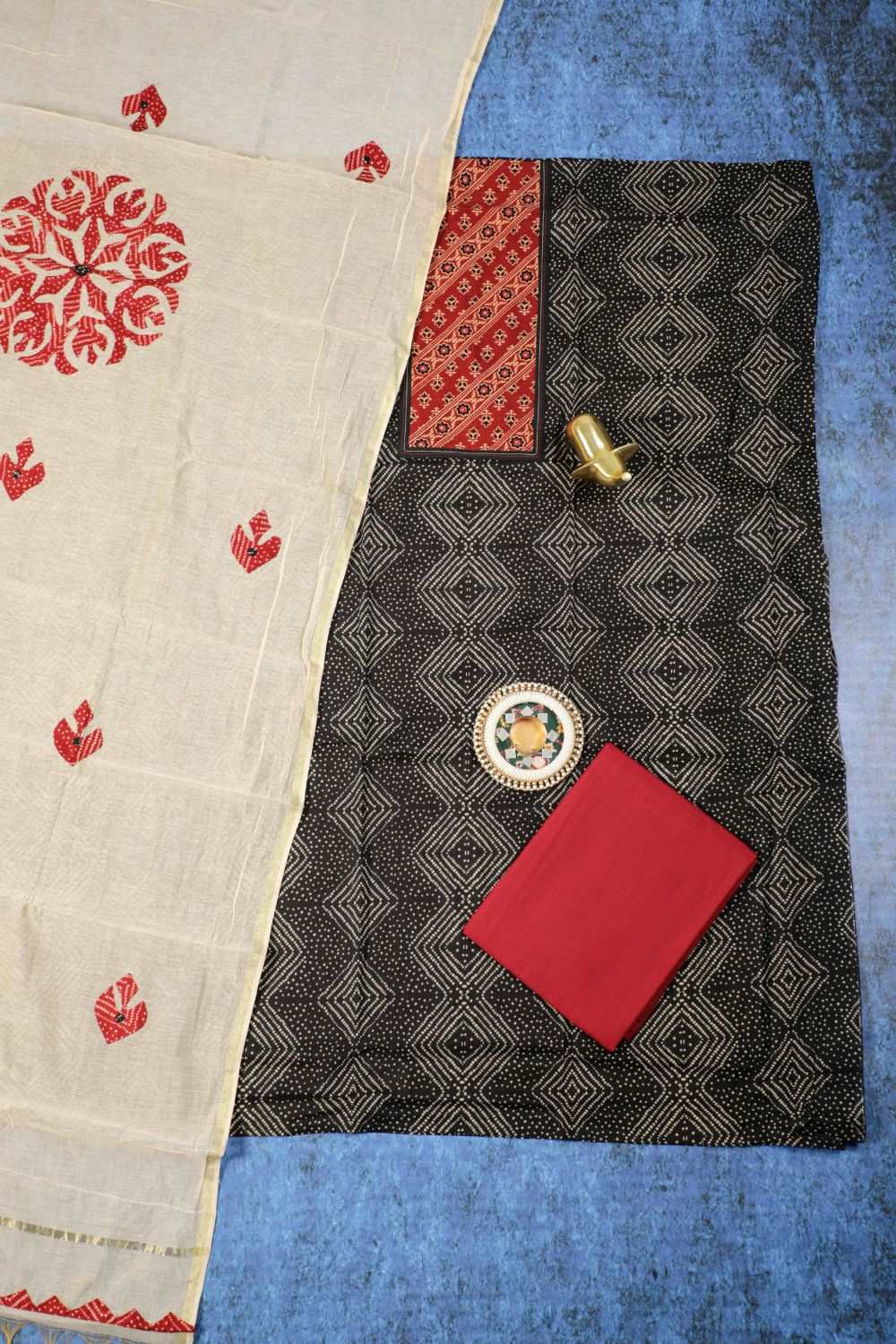 Bandhani Black Olive Applique cotton unstitched suit set.