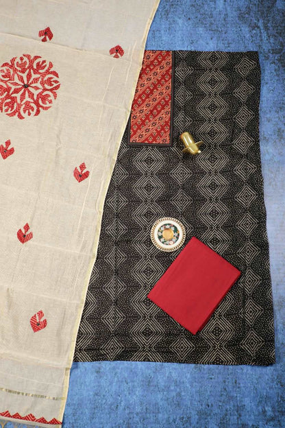 Bandhani Black Olive Applique cotton unstitched suit set.