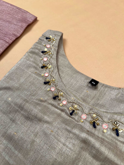 Pink with Chikoo Madhubani Ready to Wear Silk Kurti Set