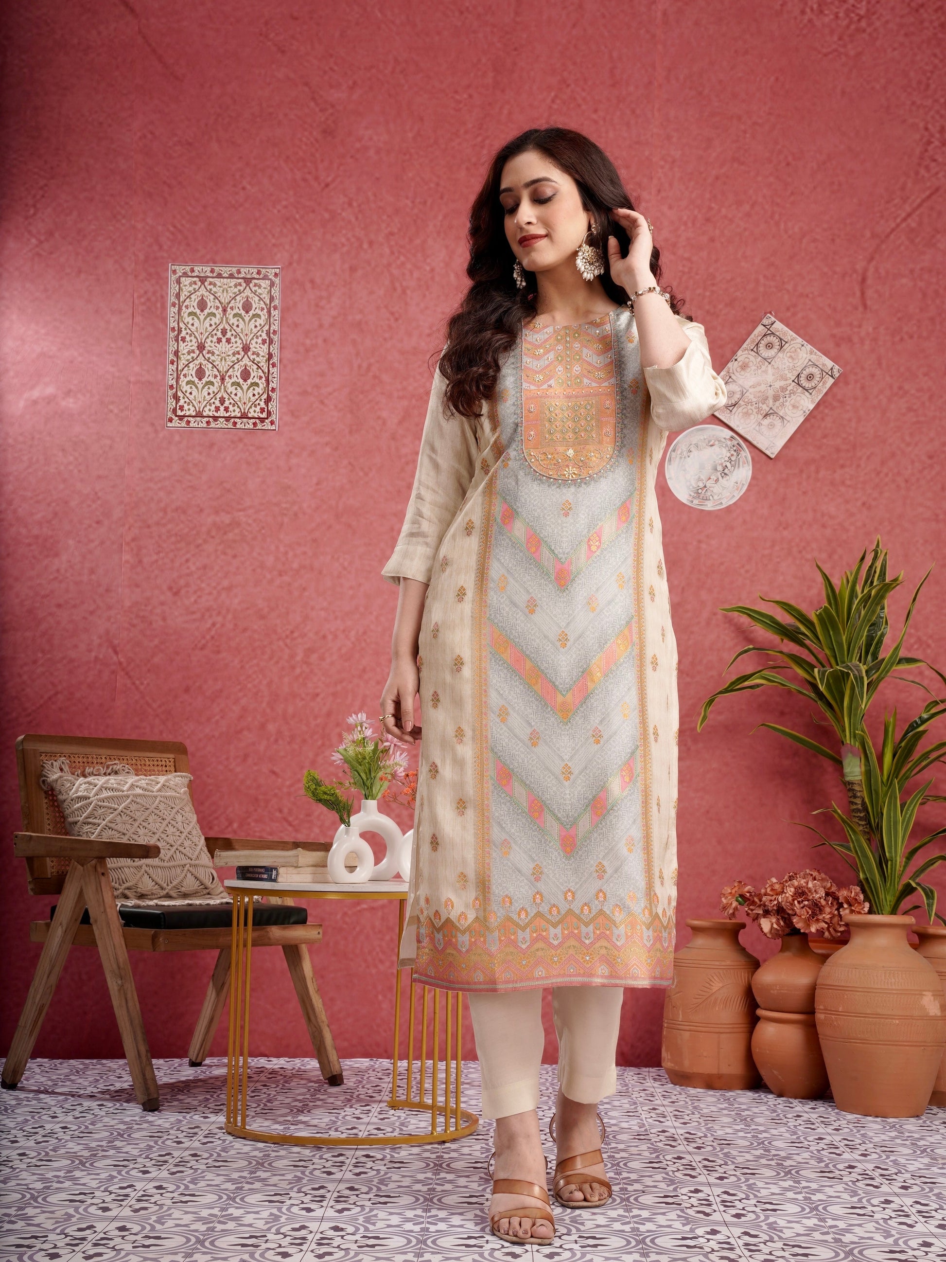 Classic Ivory Ready to Wear Pure Dola Silk Kurti Set Geetha Creation