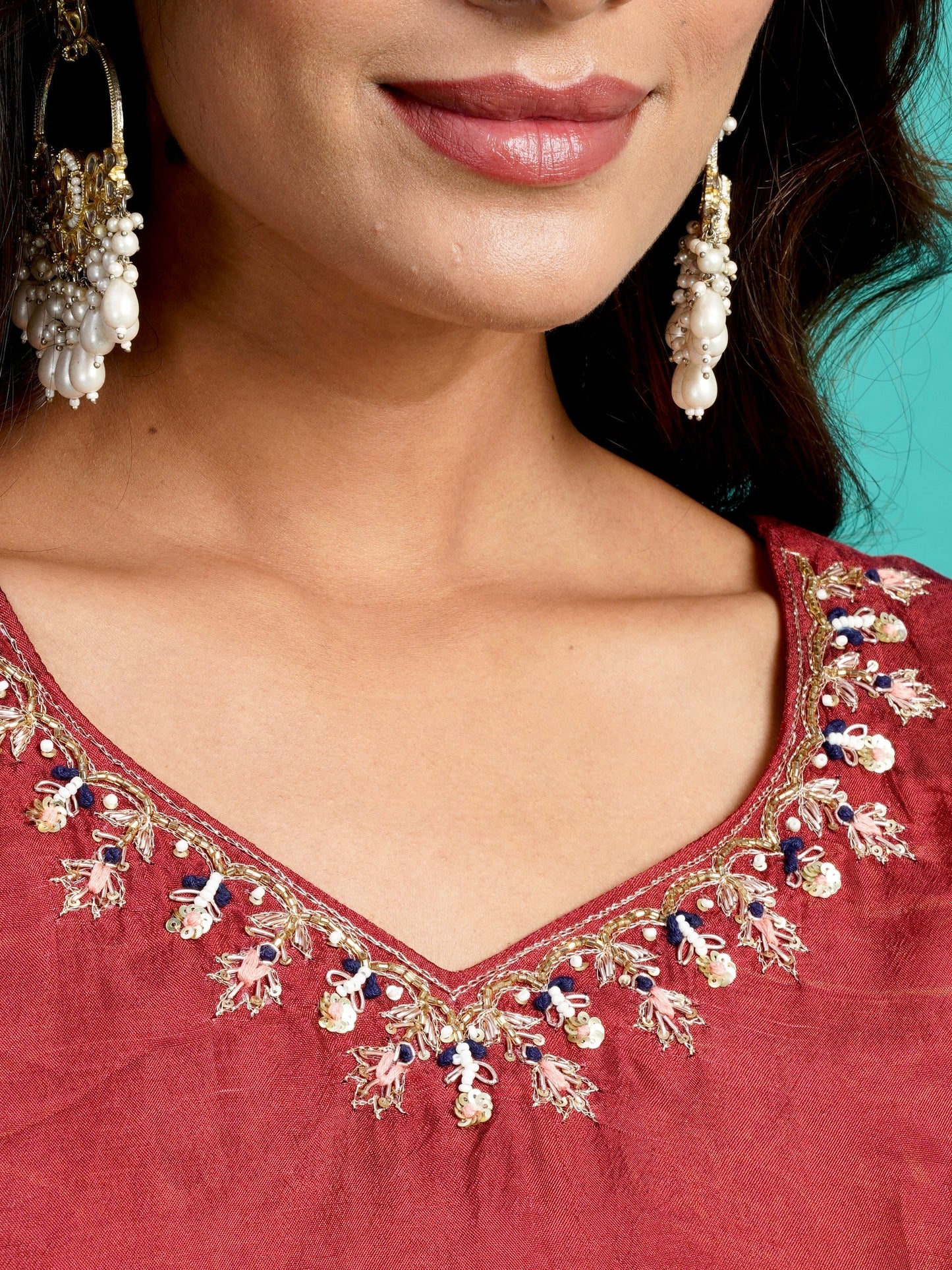 Cherry Red Soft Tussar A-Line Ready to Wear Kurti Set Geetha Creation