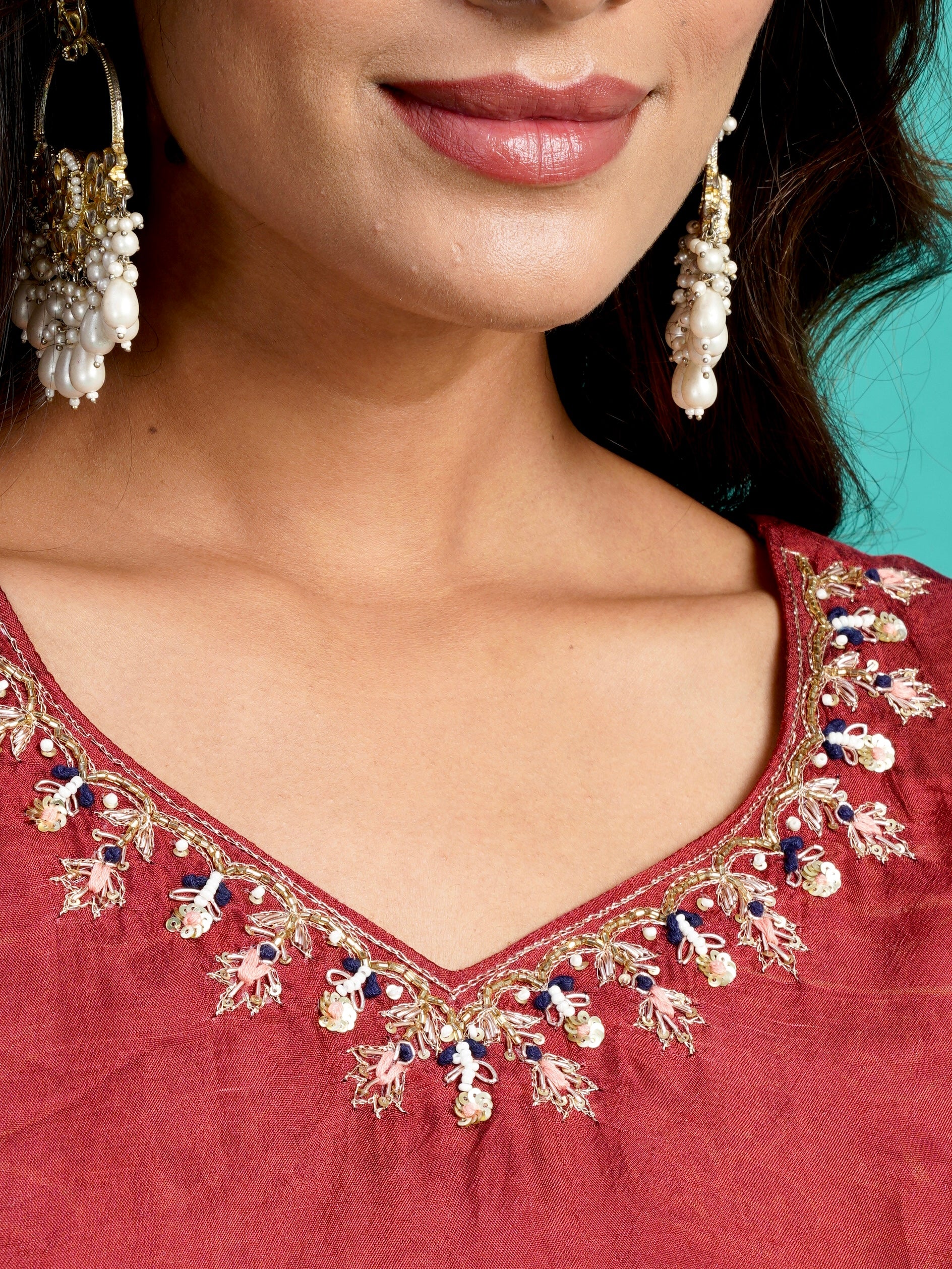 Cherry Red Soft Tussar A-Line Ready to Wear Kurti Set Geetha Creation