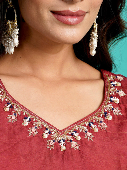 Cherry Red Soft Tussar A-Line Ready to Wear Kurti Set Geetha Creation
