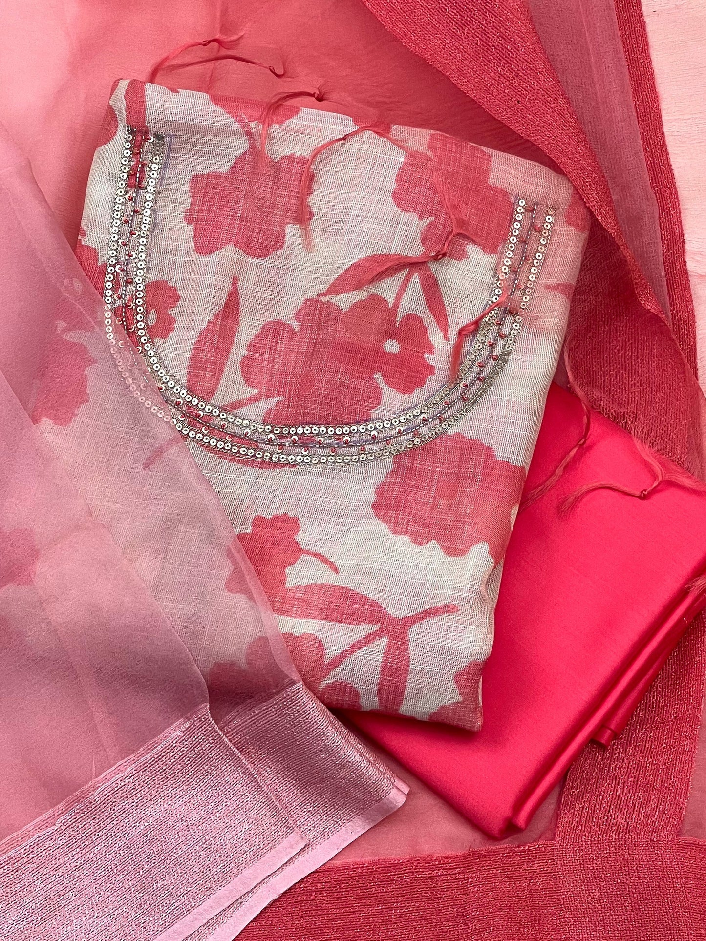 Sparkling Hot Pink Ombre Organza Ready to Wear Silk Kurti Set Geetha Creation