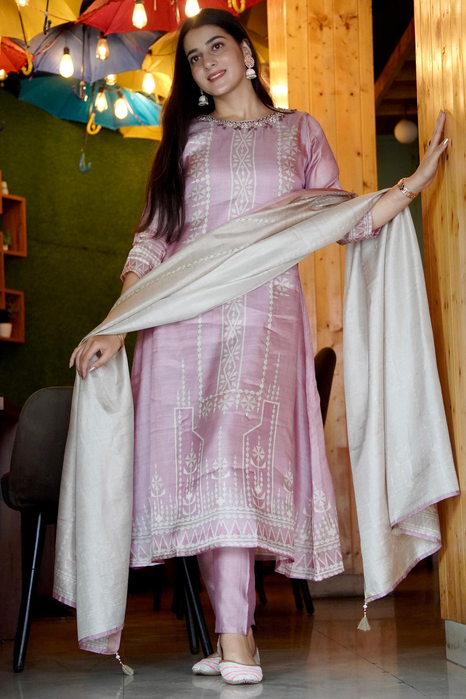 Pretty Pink Soft Tussar A-Line Ready to Wear Kurti Set Geetha Creation