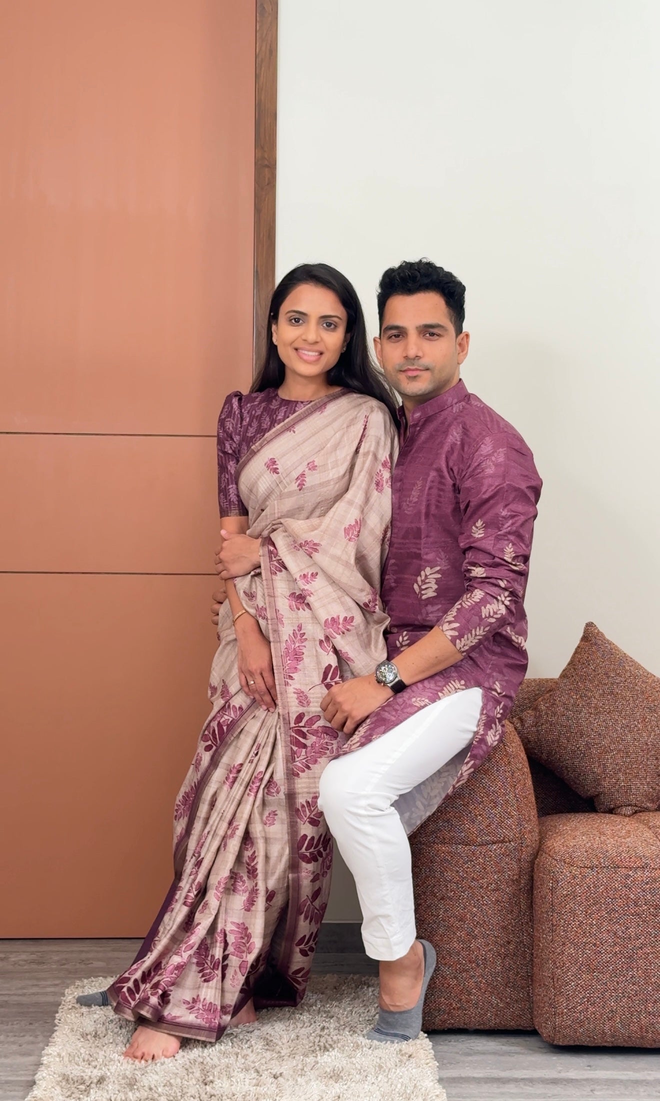 Leafy Wine Unstitched Couple Set Geetha Creation