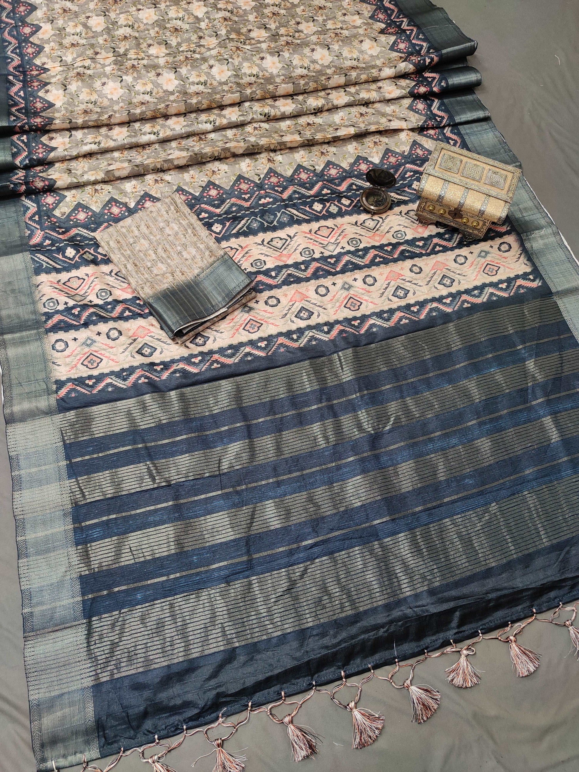 Creamy Petal Twilight Handloom Jacquard Border Tussar Saree JQ2 Geetha Creation