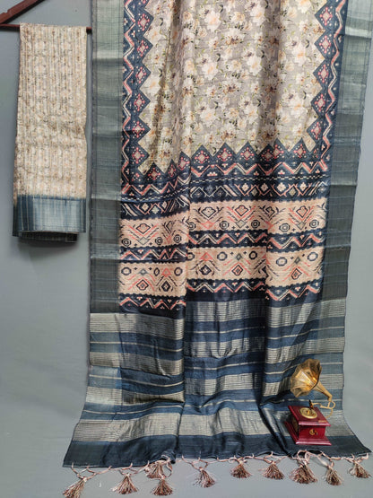 Creamy Petal Twilight Handloom Jacquard Border Tussar Saree JQ2 Geetha Creation