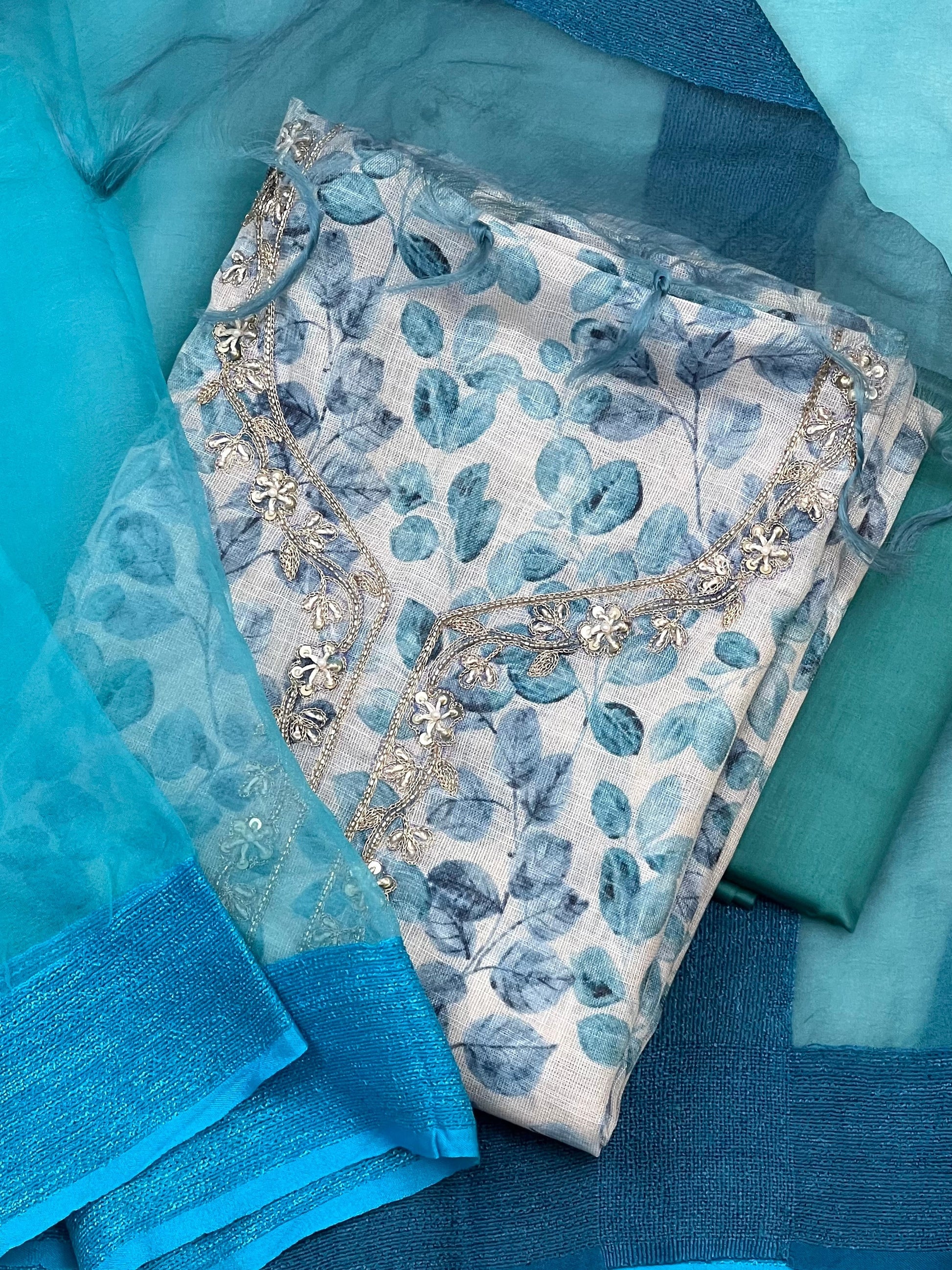 Sparkling Teal Blue Ombre Organza Ready to Wear Silk Kurti Set Geetha Creation