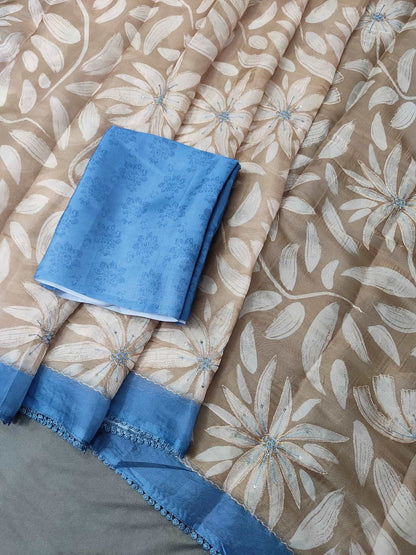 Brown with Silhouette Floral Organza Pure Hand work Saree