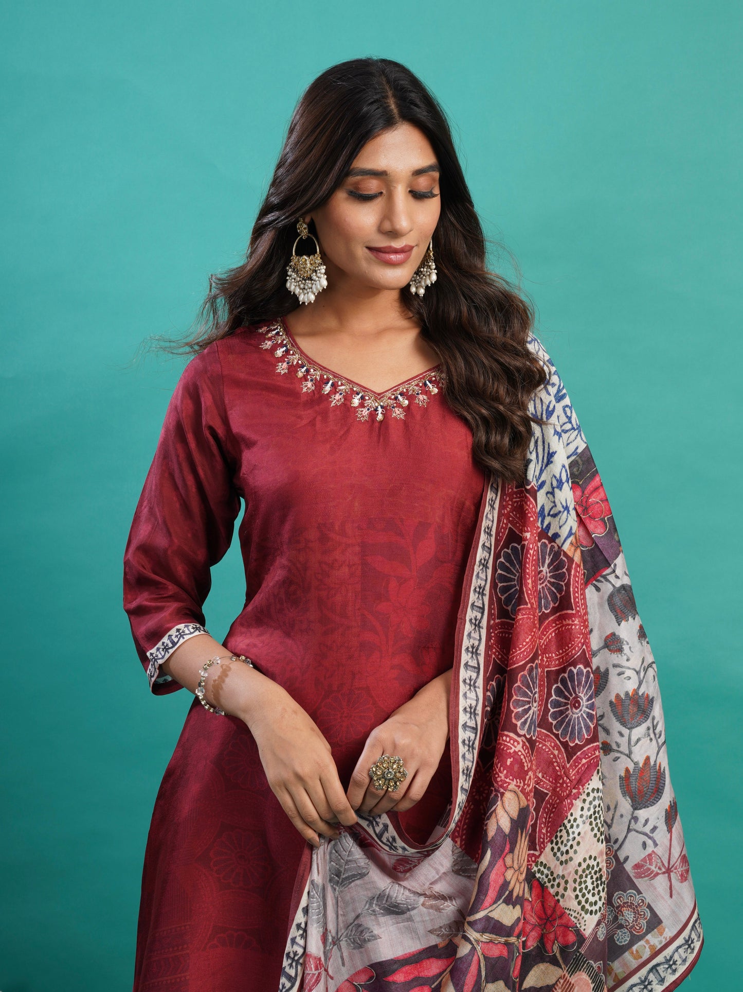 Cherry Red Soft Tussar A-Line Ready to Wear Kurti Set Geetha Creation