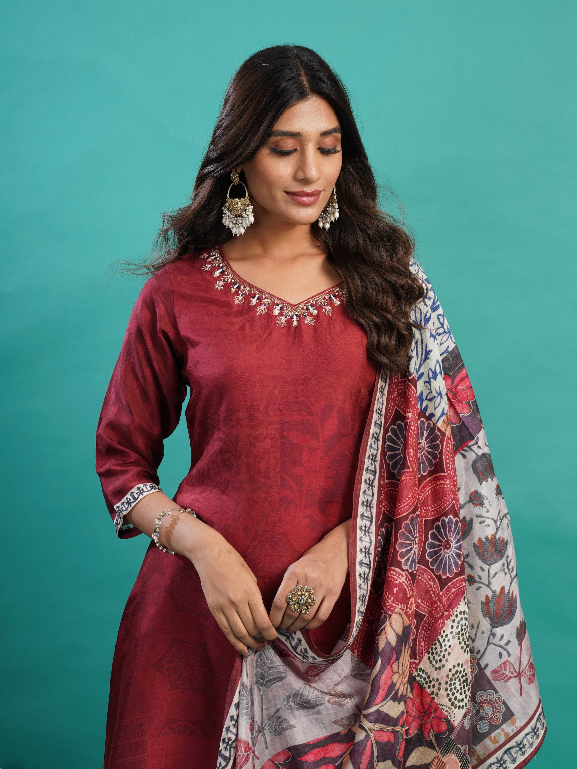 Cherry Red Soft Tussar A-Line Ready to Wear Kurti Set Geetha Creation