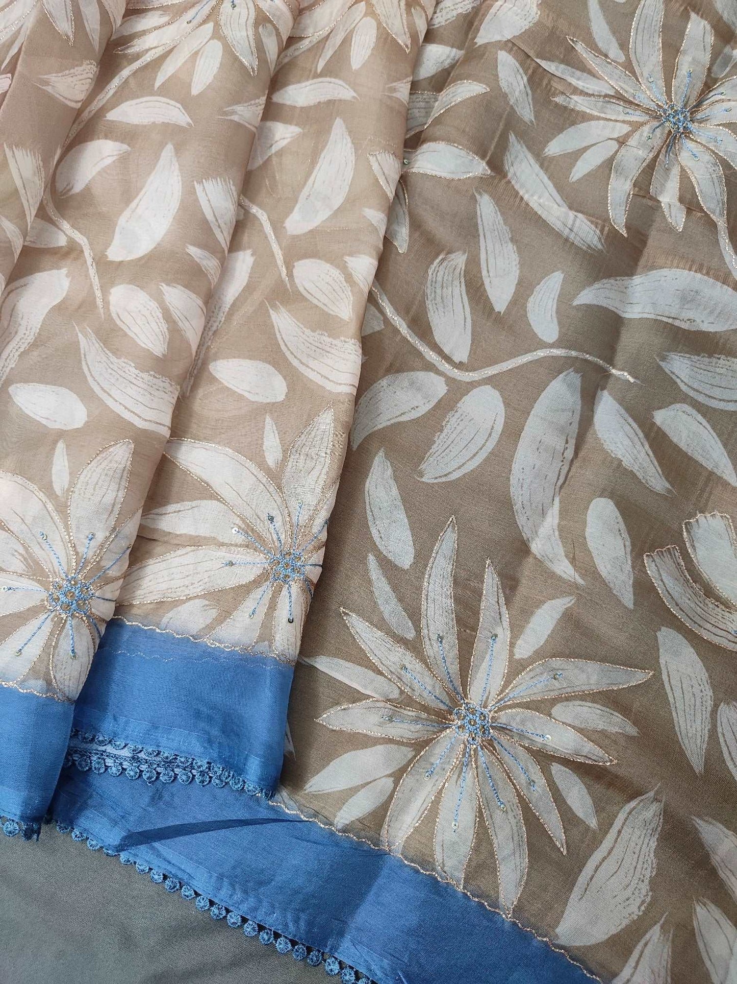 Brown with Silhouette Floral Organza Pure Hand work Saree