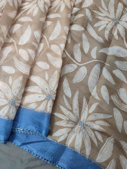 Brown with Silhouette Floral Organza Pure Hand work Saree