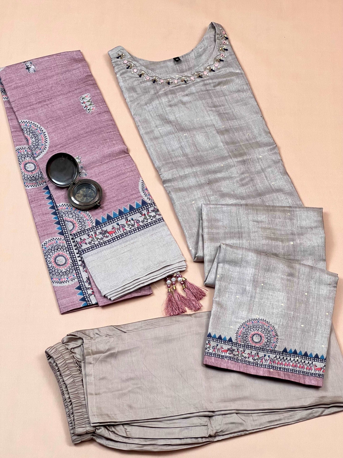 Pink with Chikoo Madhubani Ready to Wear Silk Kurti Set