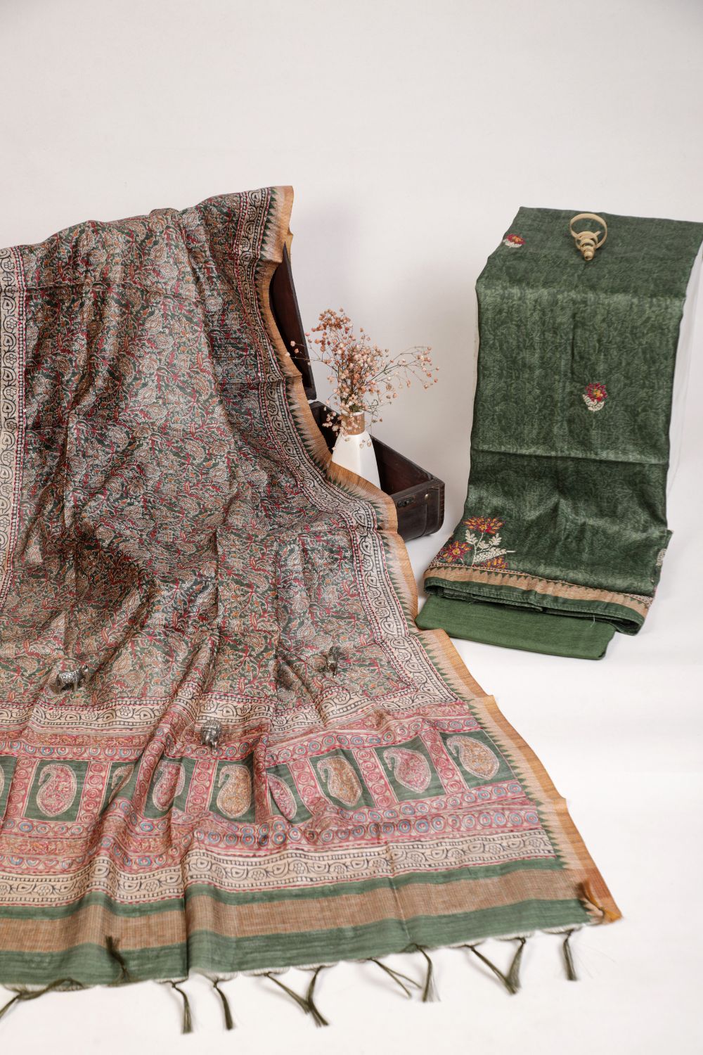 Pure Hazel Green Chanderi Ghicha Hand Kantha Unstitched Suit Set Geetha Creation